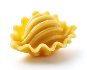 Close Up Of A Single Piece Of Yellow Uncooked Pasta With A Ruffled Edge Against A White Background