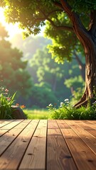 Sunlit Serenity - A Wooden Deck Overlooking a Lush Green Garden.