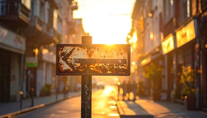 Sunlit Street Scene with Directional Sign in European City.