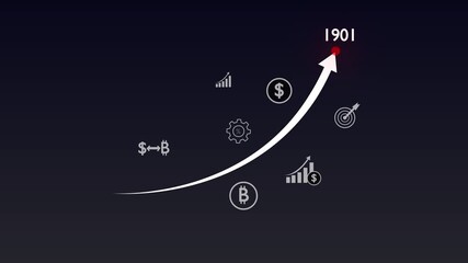 Futuristic financial growth chart with upward arrow and crypto currency symbols finance graph.