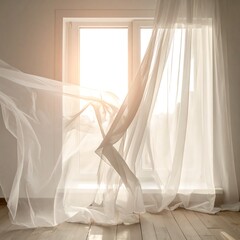 Sunlit Window with Flowing White Curtains - A Serene Interior Scene.