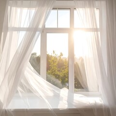 Sunlit Window with Flowing Curtains - A Serene Morning Scene.
