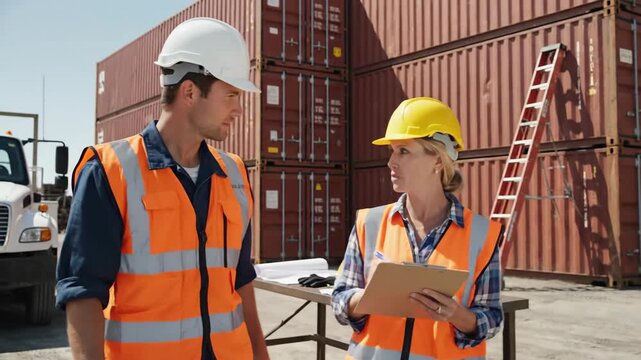 Two workers in hard hats and safety vests collaborate on logistics at a shipping yard