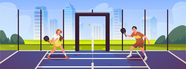 Characters holding padel rackets on a court against a cityscape backdrop.