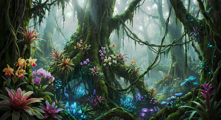 A dense jungle with towering trees covered in moss, vibrant tropical flowers, and vines draping over glowing bioluminescent plants.