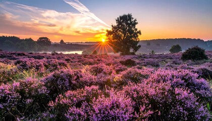Sunrise Over Blooming Heather Field - A Serene Landscape.