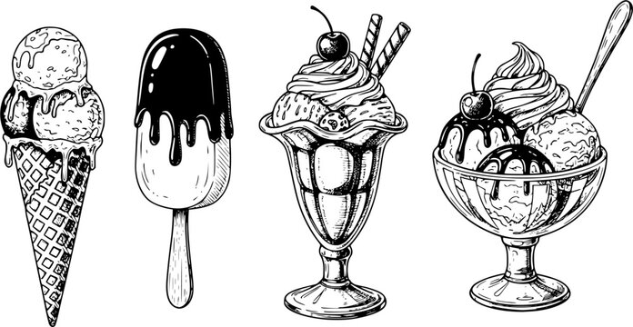 Ice cream vector sketch desserts. Hand drawn wafer cone, gelato, chocolate glazed, sundae, and ice cream served in a glass bowl. Transparent background PNG cutout