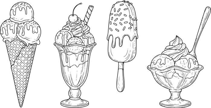 Ice cream vector sketch desserts. Hand drawn wafer cone, gelato, chocolate glazed, sundae, and ice cream served in a glass bowl. Transparent background PNG cutout