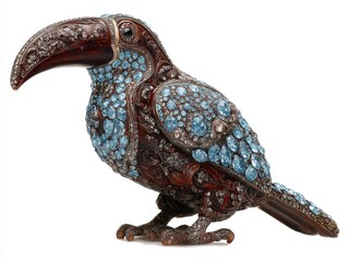 Obraz premium Detailed Toucan Figurine Adorned with Blue and Brown Gemstones Isolated on White Studio Background