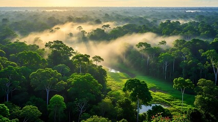 Aerial view of lush green forest landscape with sunlight and clouds