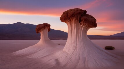 Unique sand formations in desert landscape at sunset