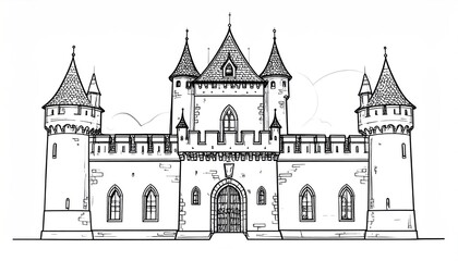 Obraz premium Detailed Black and White Illustration of a Medieval Castle.