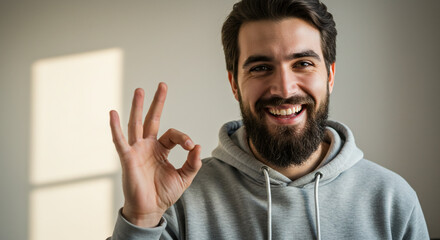 Naklejka premium Smiling man giving okay gesture with hand