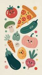 Funny Vegetable and Fruit Pizza Cartoon Illustration: Colorful Playful Digital Art Character for Kitchen Decor and Children's Arts Featuring Smiley Cucumbers, Tomatoes, Mushrooms, and More