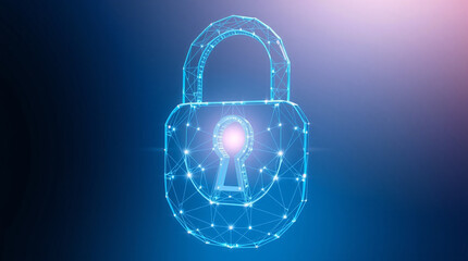 Glowing blue padlock with keyhole on a dark gradient background
