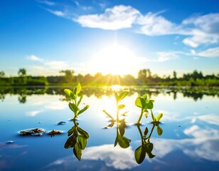 Sunrise Reflection on Water with Emerging Plants and Blue Sky.