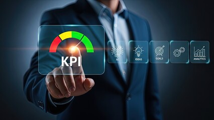 Businessman interacting with KPI dashboard on virtual screen