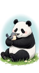 Obraz premium Gentle giant panda cuddling with a little bird friend.