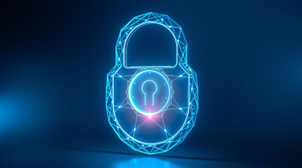 Glowing blue padlock with keyhole on dark background, symbolizing digital security and data protection