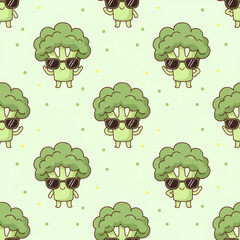 Seamless pattern of cute broccoli characters wearing sunglasses in a playful flat style