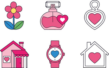 Charming Vector Illustration Set - Hearts, Flowers, and Homes