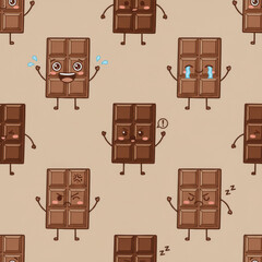 Seamless pattern of chocolate bar characters showing different emotions in minimal flat style