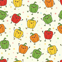 Seamless pattern of colorful dancing bell peppers in a cheerful flat illustration style