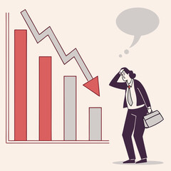A distressed businessman contemplates a sharply declining financial chart symbolizing loss and the challenges of economic downturns and market volatility
