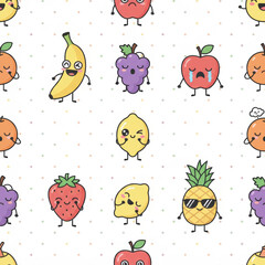 Seamless pattern of fruit characters showing different emotions like happy, sad, surprised, and sleepy