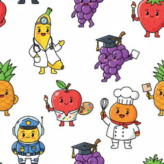Seamless pattern of fruit characters dressed as different professions: doctor, artist, and chef