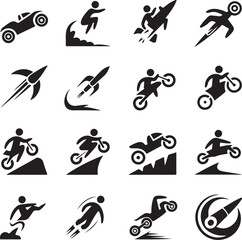 Naklejka premium blackandwhite icons of people riding motorcycles and rockets various sports actions