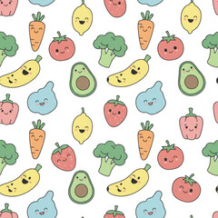Seamless pattern of funny smiling fruits and vegetables with expressive faces