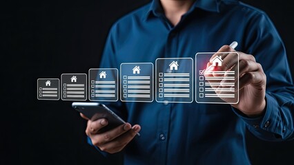 Businessman using smartphone with augmented reality home checklist