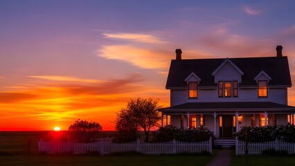 White house with glowing windows silhouetted against vibrant sunset sky in peaceful countryside scene