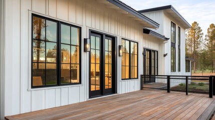 A farmhouse exterior white vertical paneling with large black framed windows Surrounding deck adds compositional balance Captured during