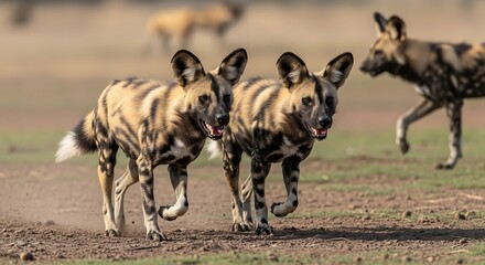 African wild dogs running in natural habitat with blurred background
