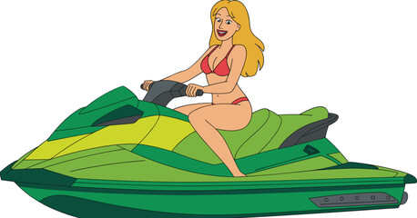 Cartoon woman riding green jet ski in bikini, fun summer water sports illustration, vacation adventure concept, playful vector character design for travel and leisure themes © Hello there