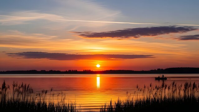 Sunset over calm lake with glowing sky reflections and silhouetted boat in peaceful nature scene - Powered by Adobe
