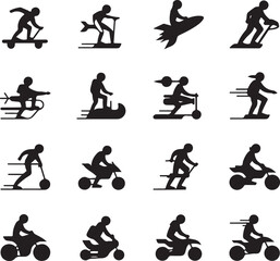 Obraz premium black silhouettes of people riding scooters skateboards and motorcycles in various dynamic poses