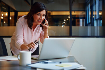 Woman, phone call or laptop in office for schedule, booking appointment or confirm property listing. Estate agent, computer or talking in agency for business opportunity, contact or offer negotiation