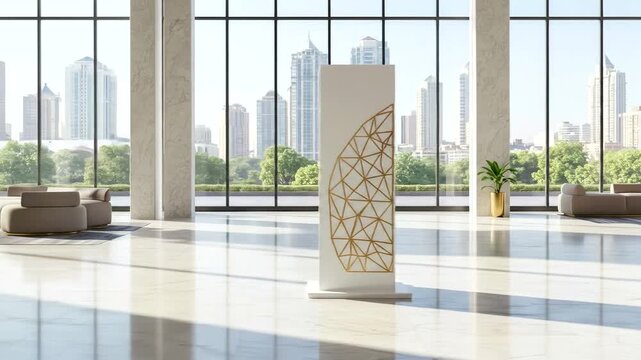 Modern Office Lobby with City View and Art Display.