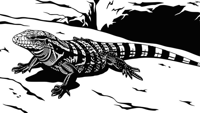 Graphic illustration of a black and white Argentine tegu lizard on a rocky surface. Design for educational wildlife posters or exotic pet care branding. Transparent background EPS version.