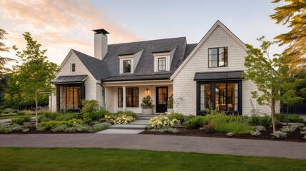 A farmhouse exterior with cream siding gray shingle roof and black framed windows Surrounded by manicured garden beds
