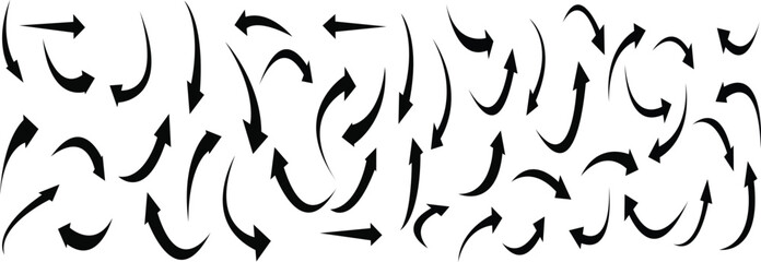 Set of vector curved arrows hand drawn. Set of black vector arrows isolated on white background .	