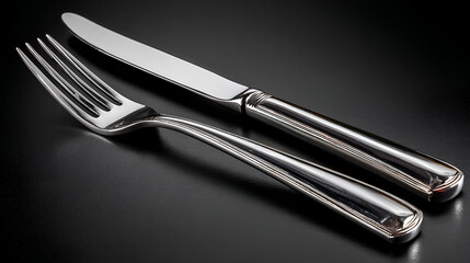 Shiny silver fork and knife on dark surface, table setting, dining utensils, cutlery, meal preparation, formal eating, restaurant service, elegant tableware, metallic sheen, reflective
