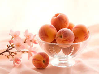 A bowl of peaches sits on a table next to a vase of pink flowers