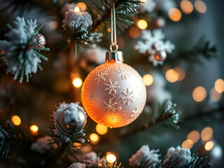 A Christmas tree with a gold ornament hanging from it