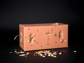 A box with a bow on it is sitting on a black background