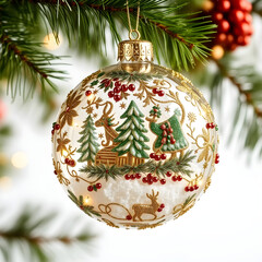 A glass ornament with a deer and a tree on it