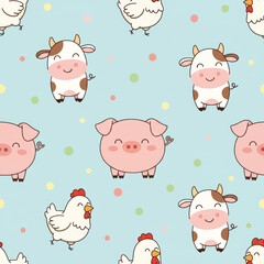 Seamless pattern of smiling farm animals: cute cow, pig, and chicken characters